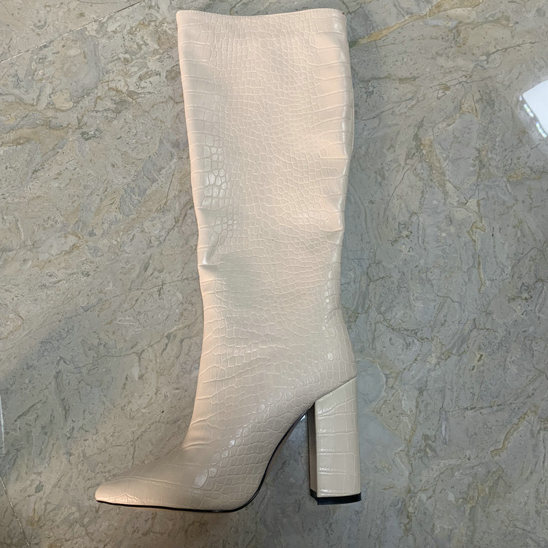 Pointed Toe Ladies Knee High Block Heel Boots