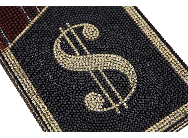 Glitter Diamond Rhinestone Money Symbol Gold Metal Link Strap Clutch Purse