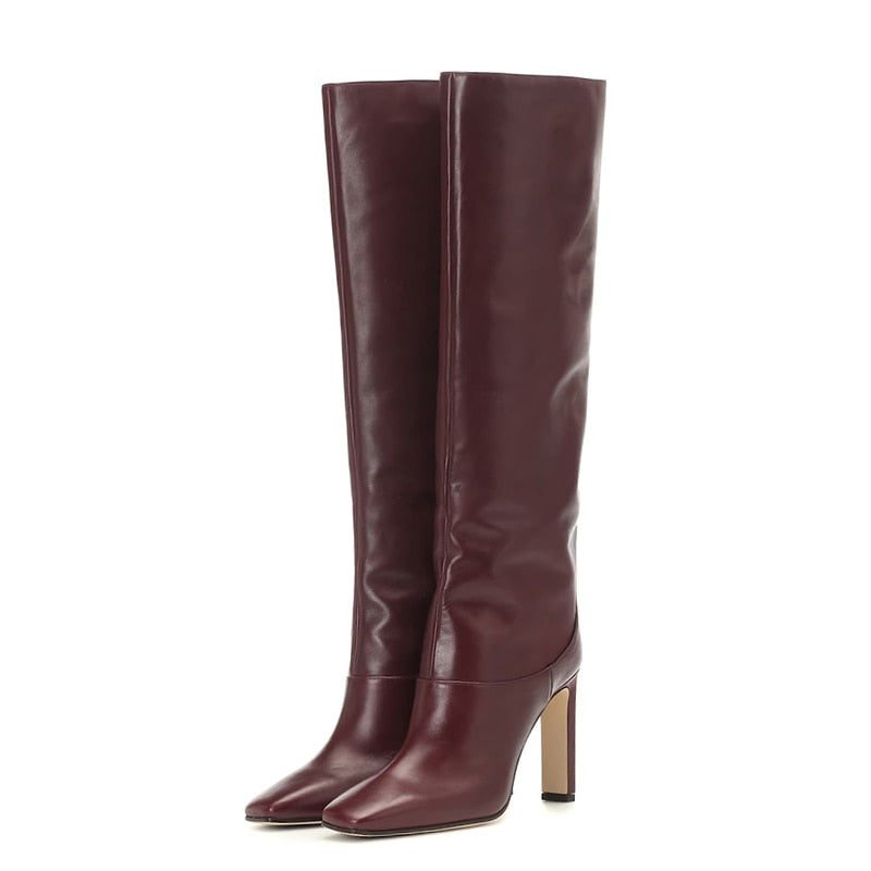 Knee High Pointed Toe Boots w/ Gold Square Heel