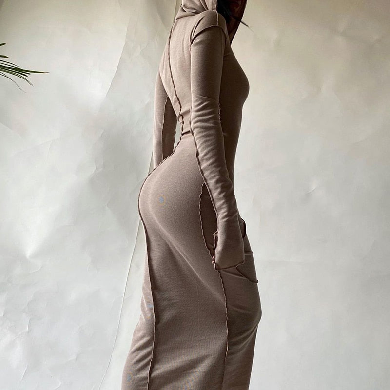 Long Sleeve Hooded Patchwork Maxi Dress