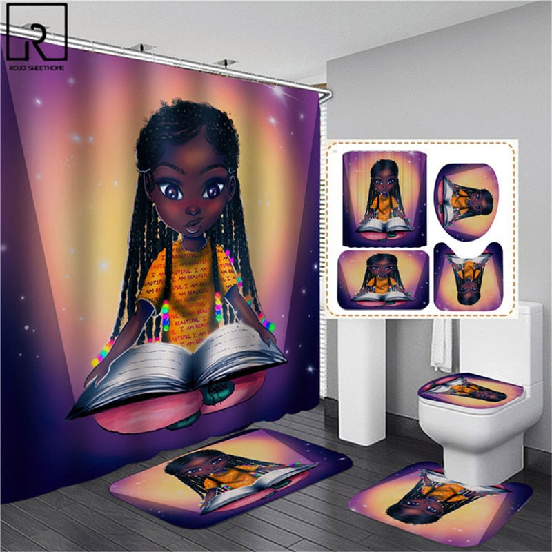 Black Woman Printed Shower Curtain w/ 12 Hooks Bathroom Bath Mat Set Toilet Cover 1/3/4 PCS