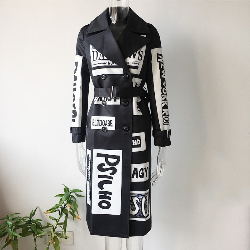 Women's Letter Print High Street Graffiti Windbreaker Trenchcoat