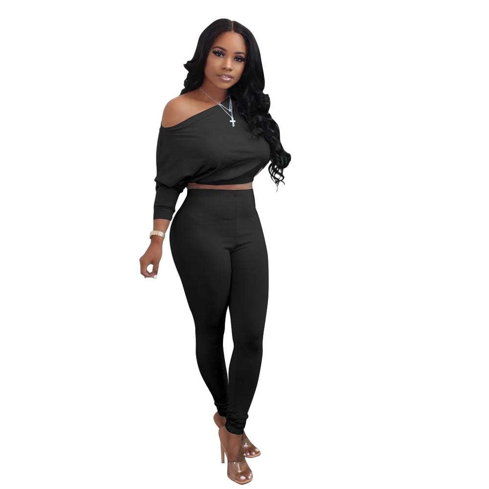 Knitted Off Shoulder Solid Long Sleeve Crop Top + Matching Sweatpants 2-Piece Set