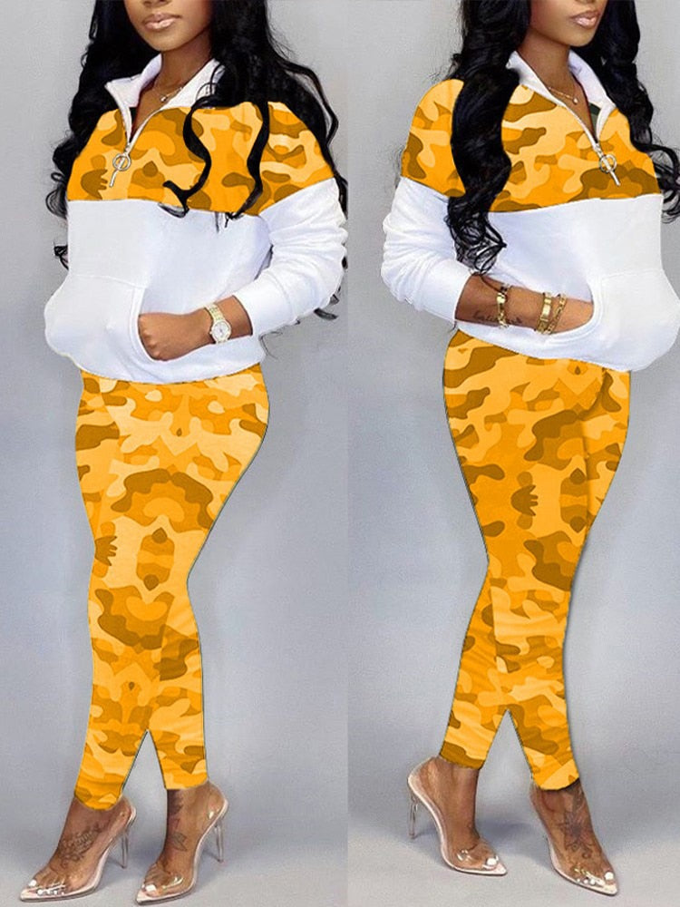 Camoflauge Geometric Print Pocket Zipper Front Pullover & Pants Plus Ladies Sweatsuit to 4X