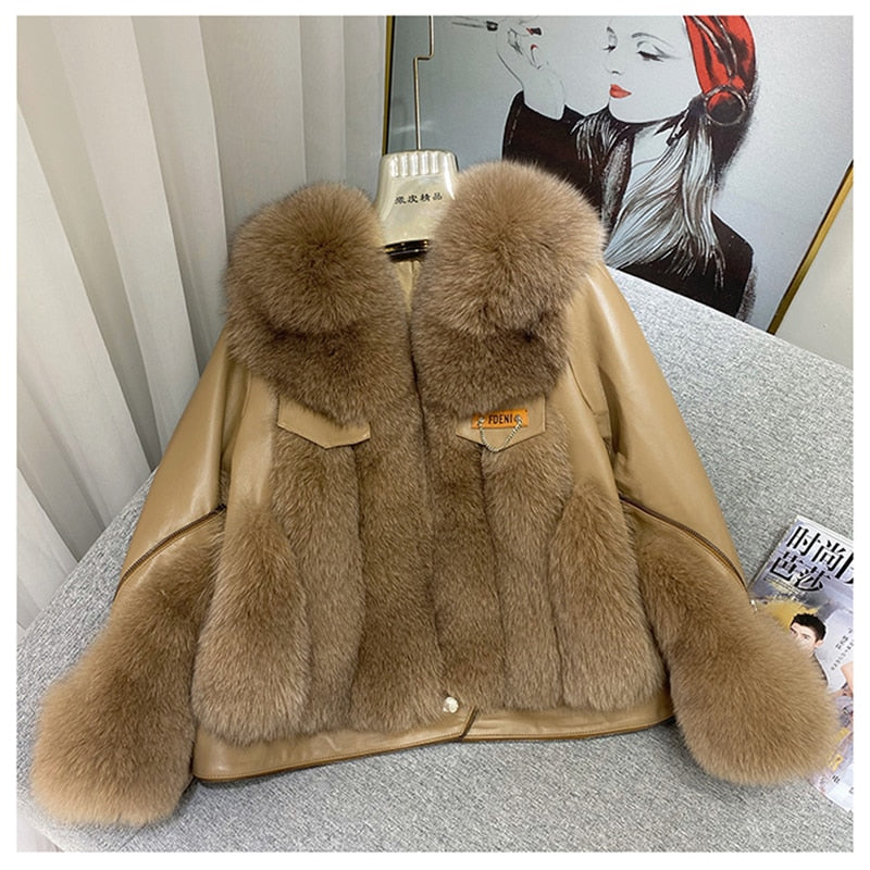 Sheepskin Fox Fur Trim Stitched Ladies Jacket