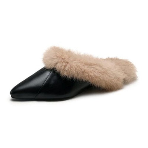 Furry Women's Pointed Toe Flat Slip-On Mules