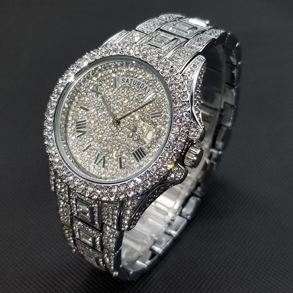 Full Diamond Silver Quartz Wristwatch Hip Hop Iced Out Waterproof Watch