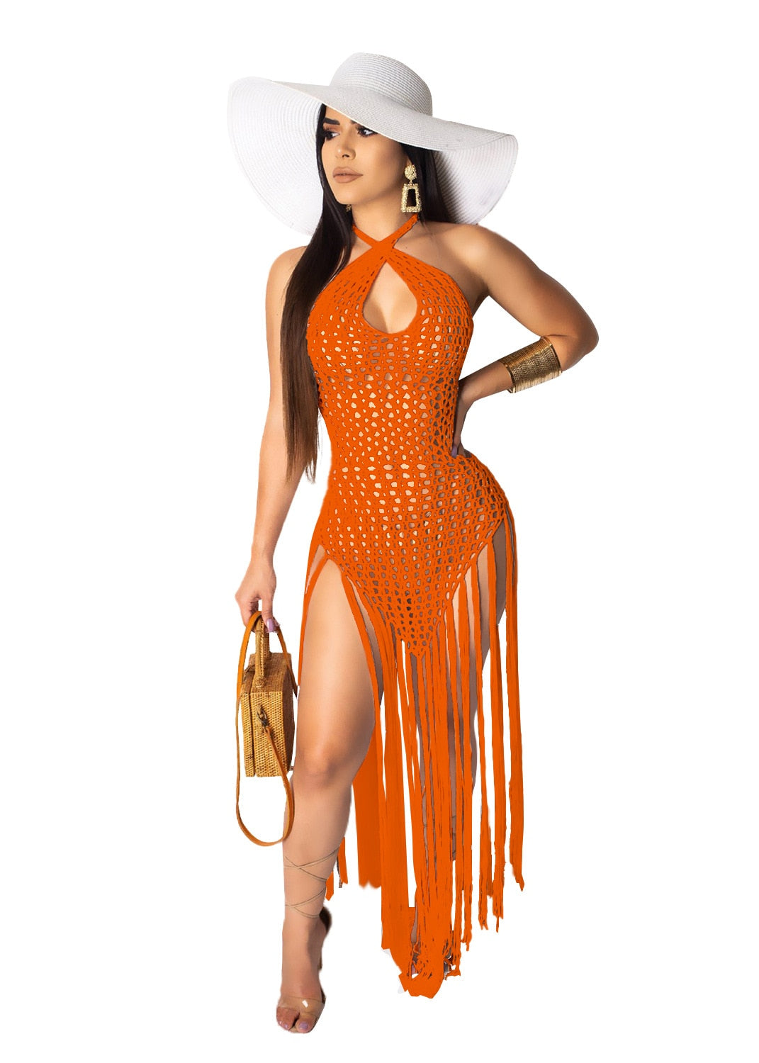 Crochet Long Tassels Knitted Halter String Back Swimsuit Cover Up