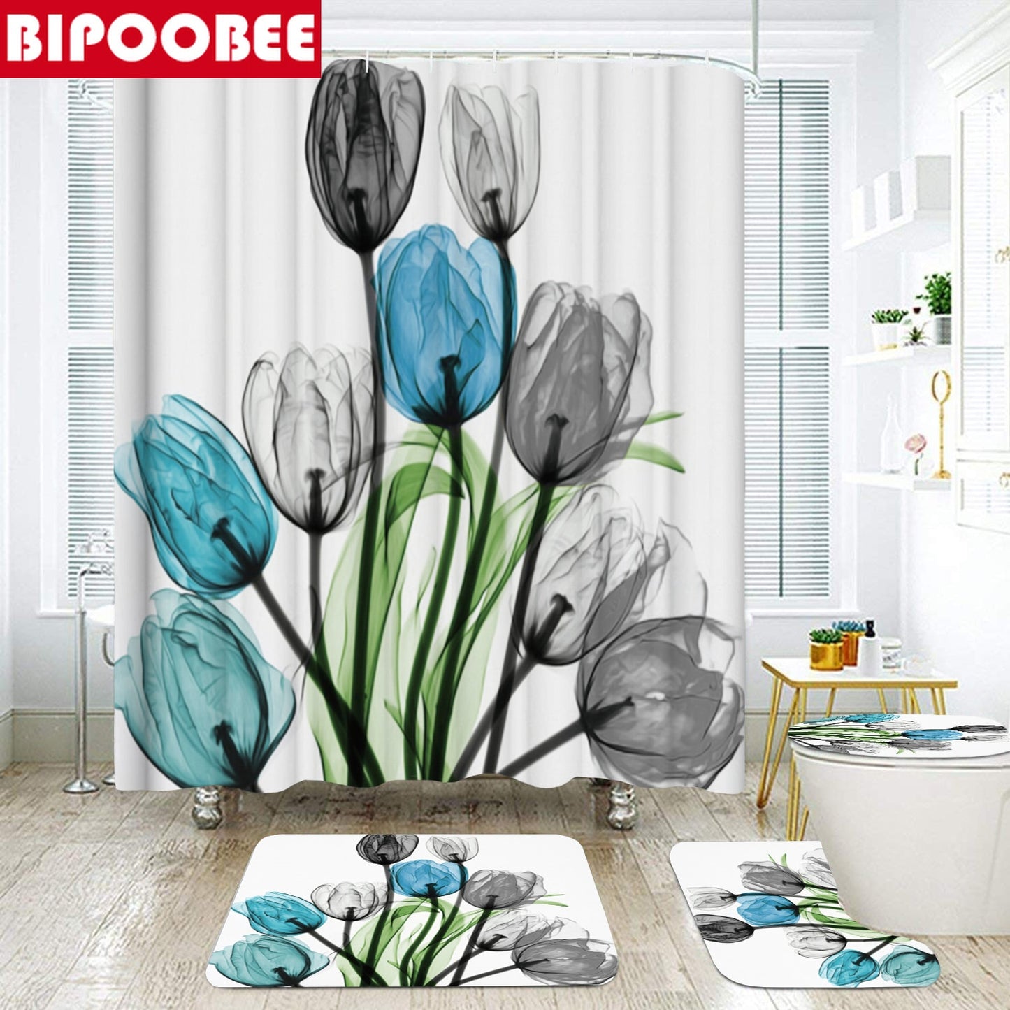 Tulip Lotus Flowers Trees Shower Curtain Sets Non-Slip Rugs Toilet Lid Cover and Bath Mat Waterproof Shower Curtain