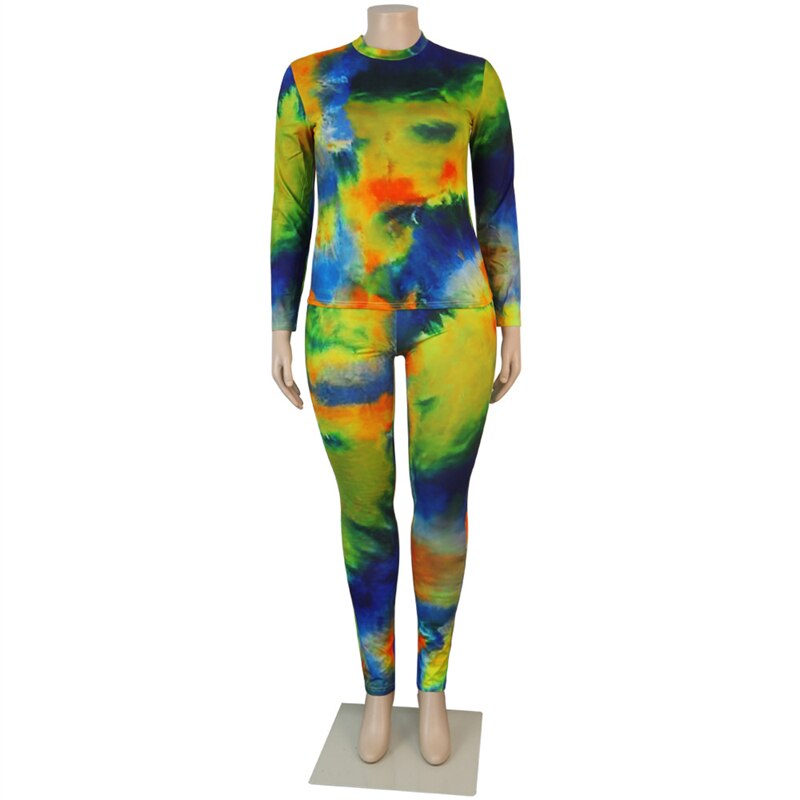 Plus Size Tie-Dye Long Sleeve Top and Legging Pants Set