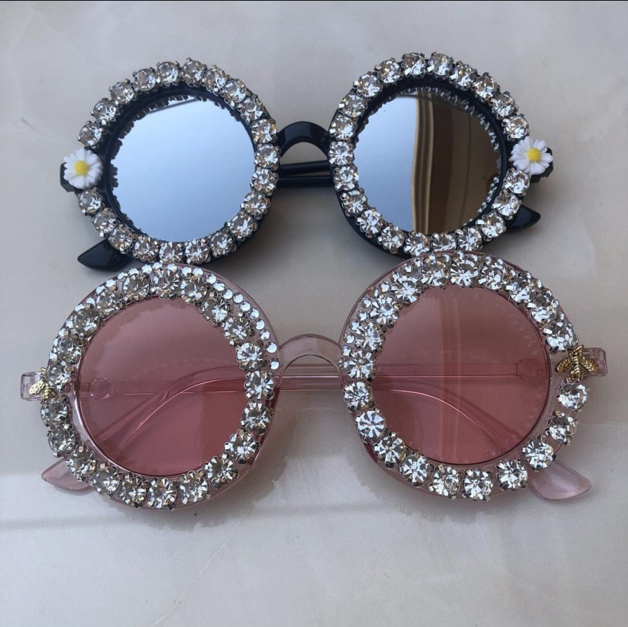 Women's Crystal Diamond Handmade Round UV400 Mirror Lens Flower Sunglasses