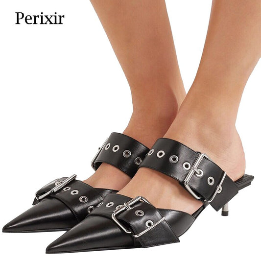 Punk Style Metal Heel Pointed Toe Mule Pumps