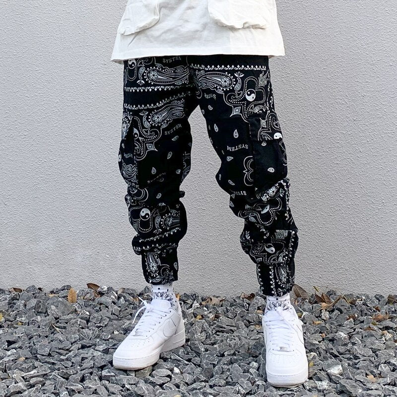 Bandana Print Men's Hip Hop Loose Fit Elastic Waist Harem Pocket Sweatpants