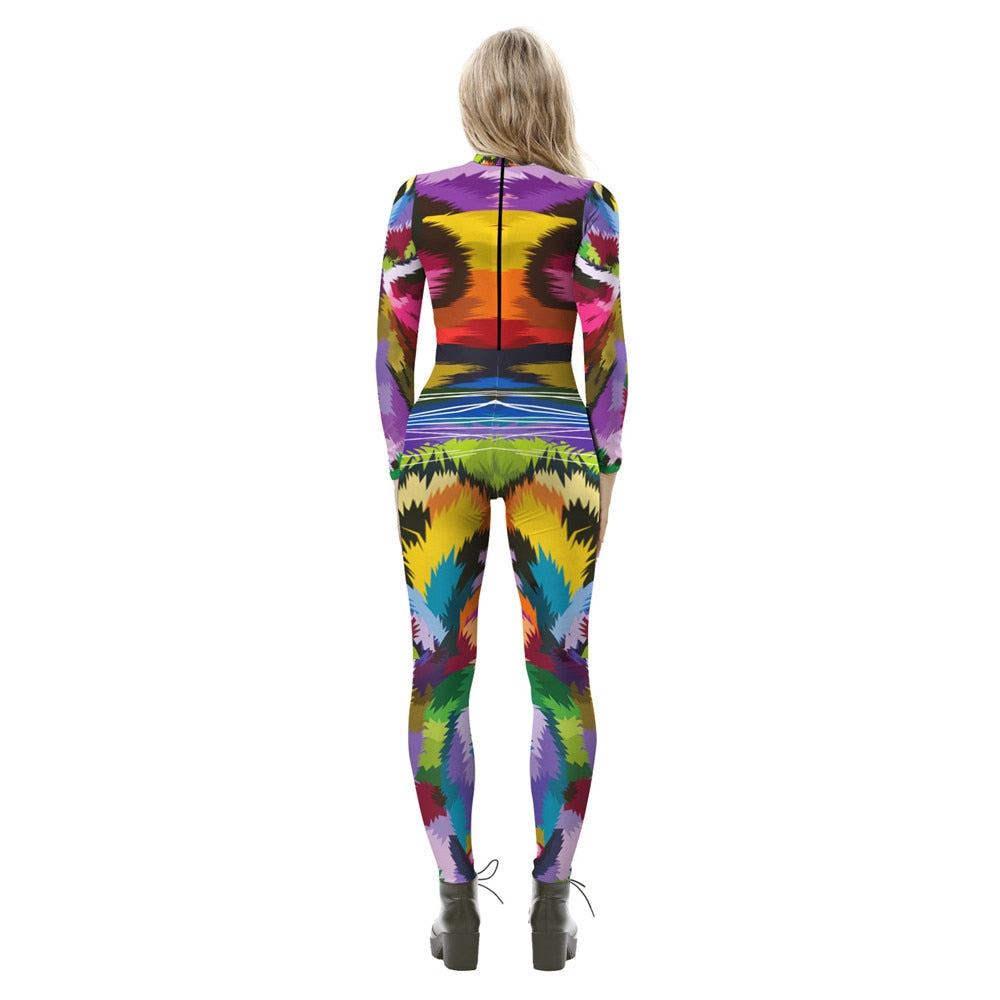 Rainbow Color 3D Tiger Print Long Sleeve Women's Skinny Jumpsuit