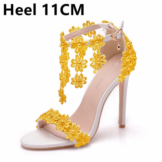 Lace Flower Pearl Tassel Stiletto Heel Bridal Sandal Pumps