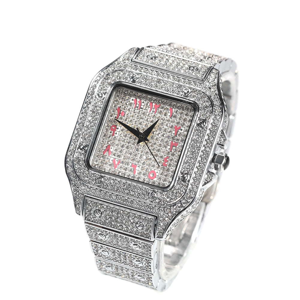 Hip Hop Full Iced Out Full Drill Square Stainless Steel Rhinestones Quartz Square Watch