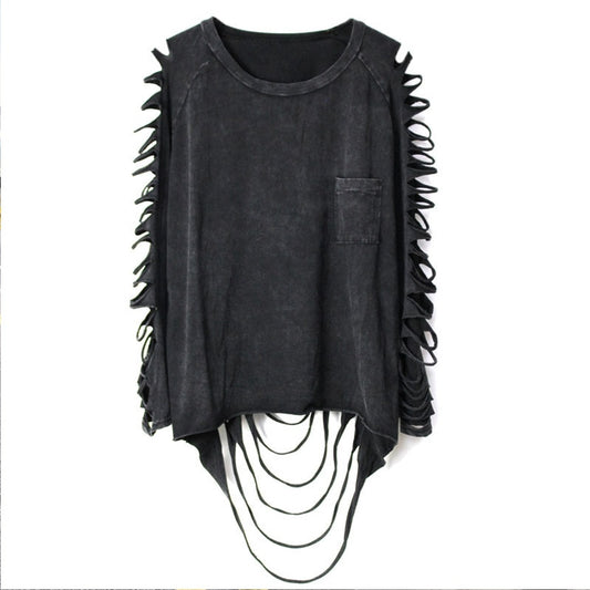 Gothic Punk Tassel Detail Women's Hollow-Out Slit Long Sleeve Holey T-Shirt