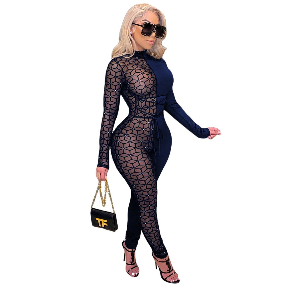 Geometric Colorblock Contrast Sheer Mesh Transparent Patchwork Lace-Up Long Sleeve Jumpsuit