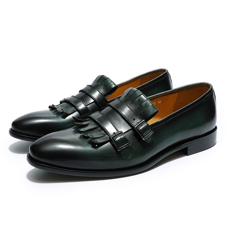 Men's Tassel Buckle Monk Strap Genuine Leather Dress Loafer Shoes