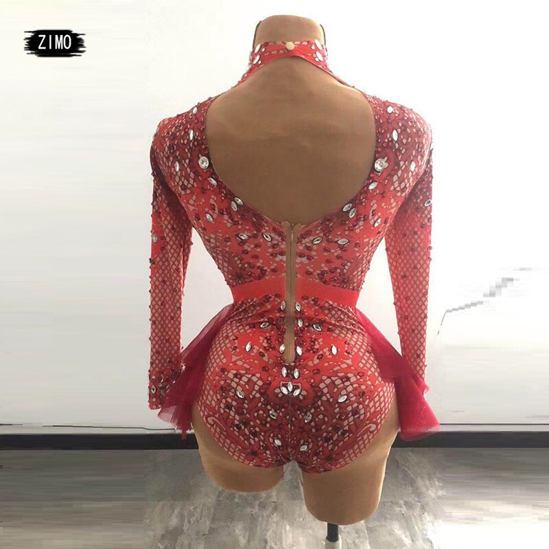 Rhinestone Ruffle Bodysuit Women Big Stretch nightclub Prom Bar concert costume Stage Singer Show dance Leotard