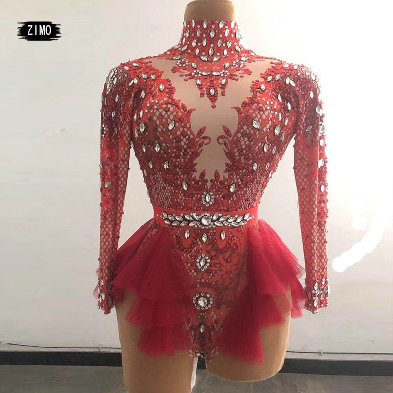 Rhinestone Ruffle Bodysuit Women Big Stretch nightclub Prom Bar concert costume Stage Singer Show dance Leotard