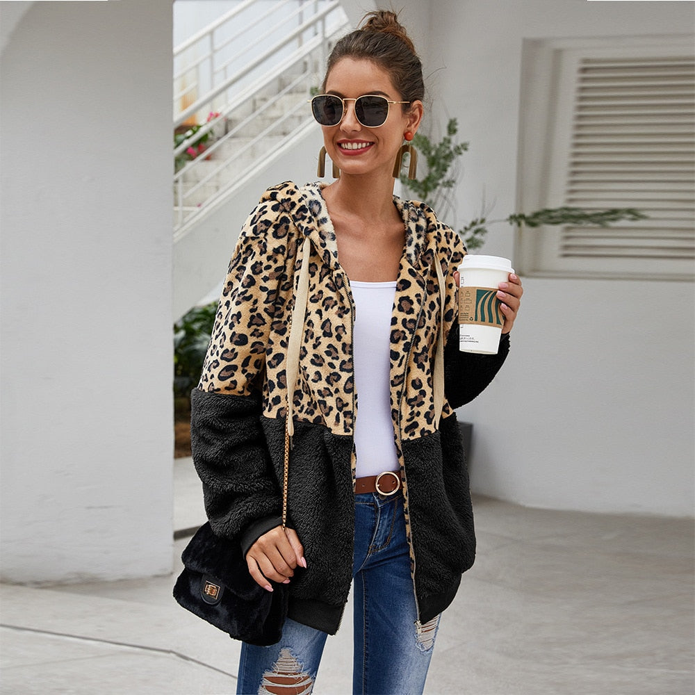 Leopard/Colorblock Women's Long Sleeve Zipper Hoodie Jacket