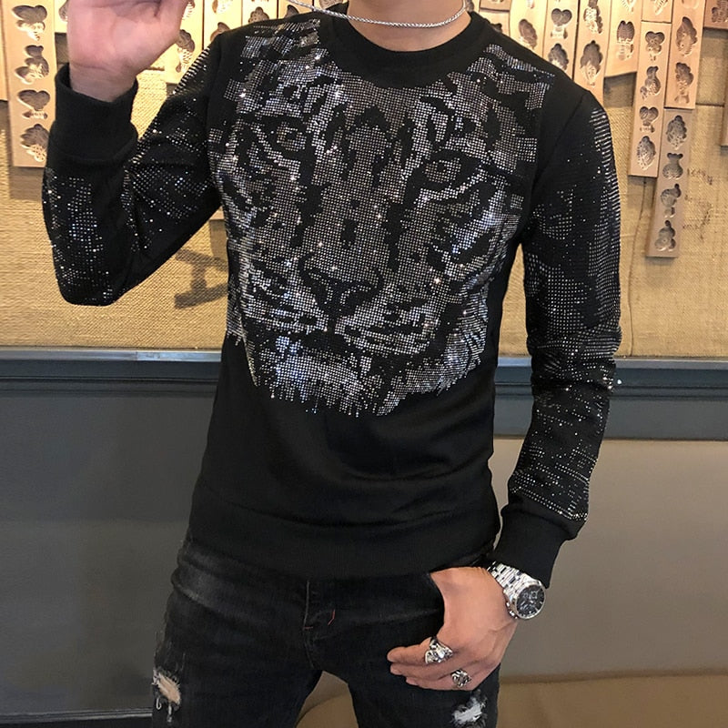 Men's Glitter Sparkling Tiger Head Long Sleeve Shirt