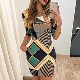 Geometric Pattern O Neck Office Dress