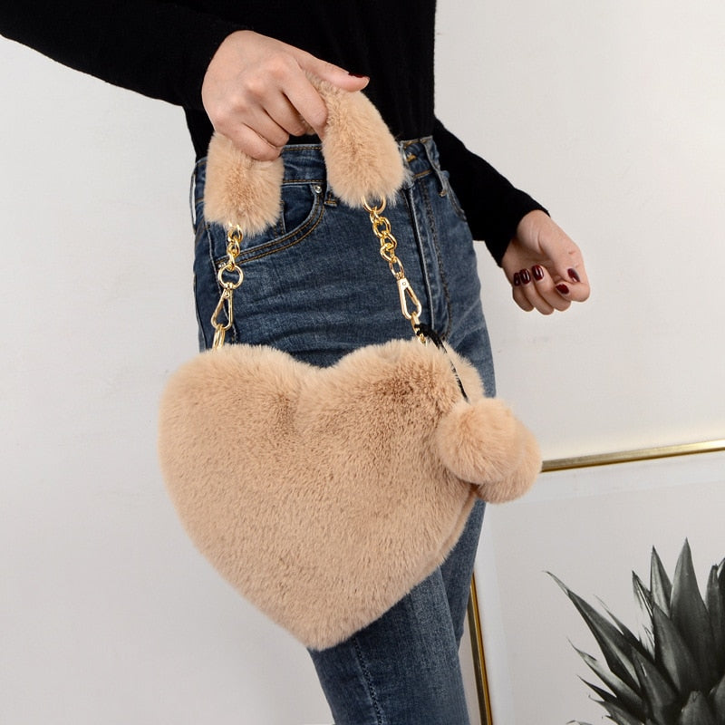 Faux Fur Heart Shaped Shoulder Clutch Purse Love Messenger Bag