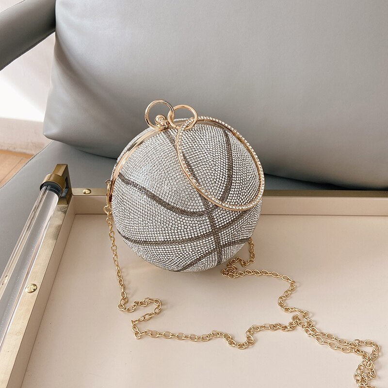 Crystal Round Metal Handle Basketball/Soccer Diamond Evening Clutch Purse