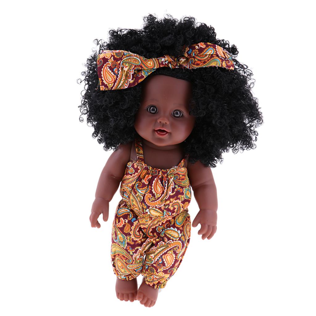 African-American Black Baby Girl Doll w/ Curly Afro, Headband & Jumpsuit