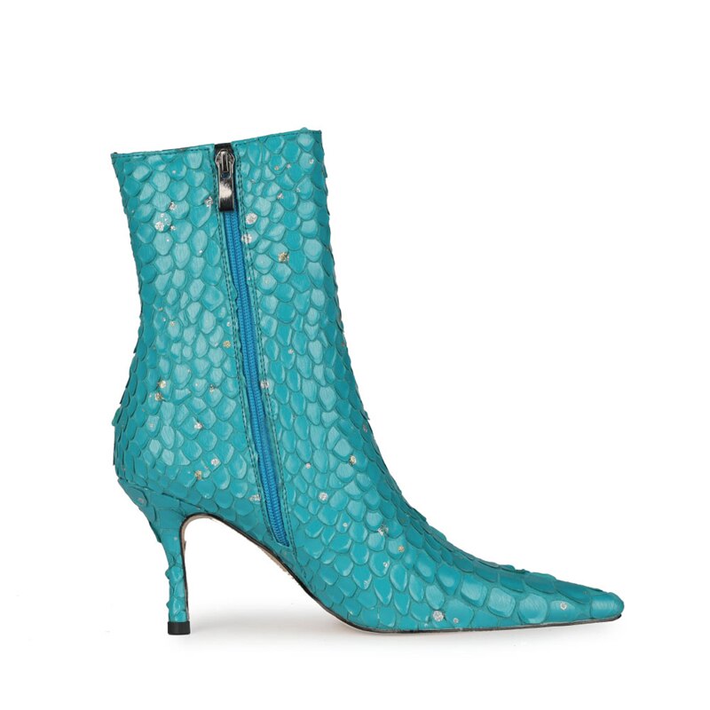 Fish Scale Pattern Thin Heel Pointed Toe Ankle Boots