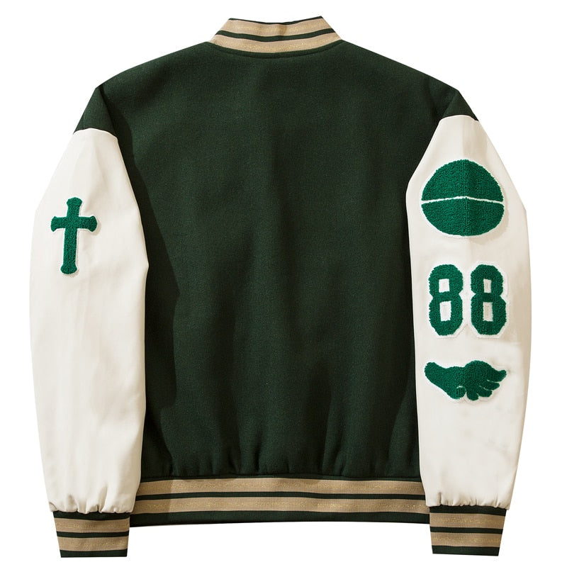 Men's Hip-Hop Furry Sleeve Letter Print Embroidered Baseball Varsity Letterman's Jackets