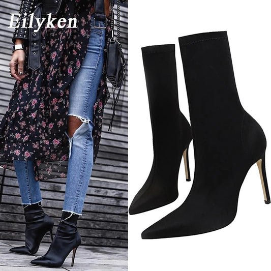 Stretch Fabric Pointed Toe Stiletto Ankle Boots