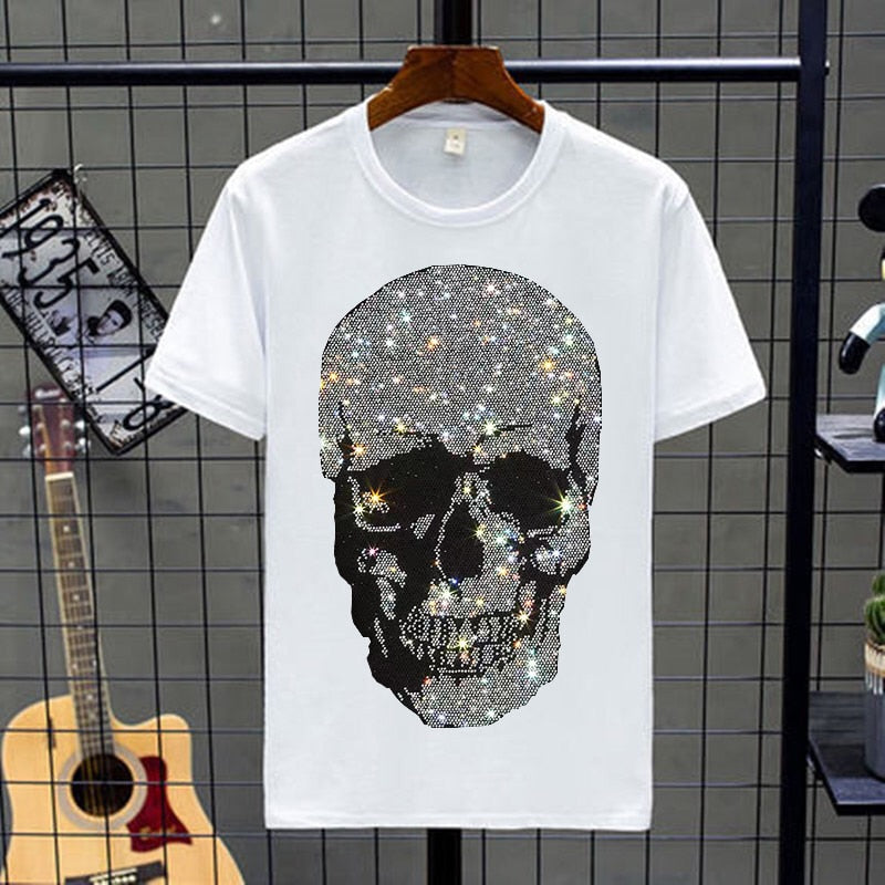 Men's Shiny Rhinestone Skull Head Short Sleeve O-Neck T-Shirt Set Big & Tall to 5X