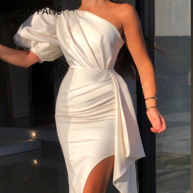 White One Shoulder Puff Sleeve Ruched Slit Bodycon Dress