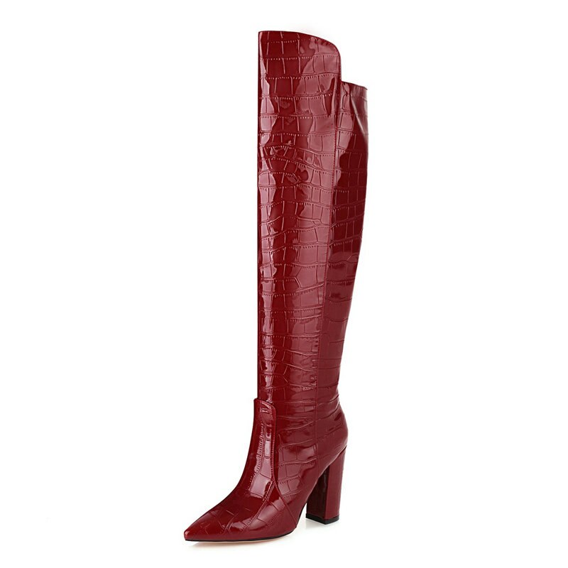 Patent PU Leather Women Over the Knee Pointed Toe Ladies Square High Heel Boots