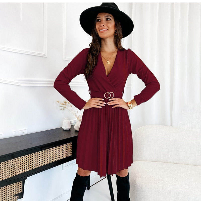 Pleated Mini V-Neck Long Sleeve Lace Up Dress