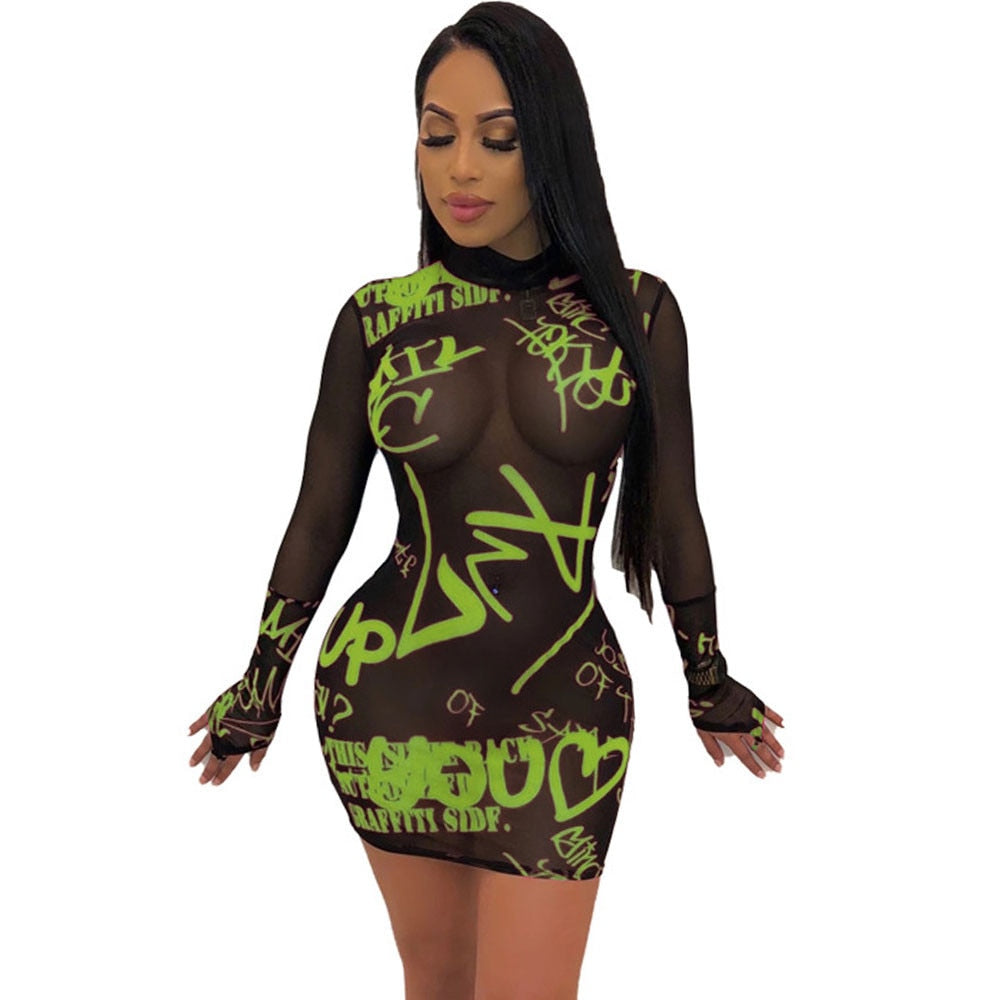 Graffiti Pattern Mesh Sheer Mini Long Sleeve Bodycon Dress