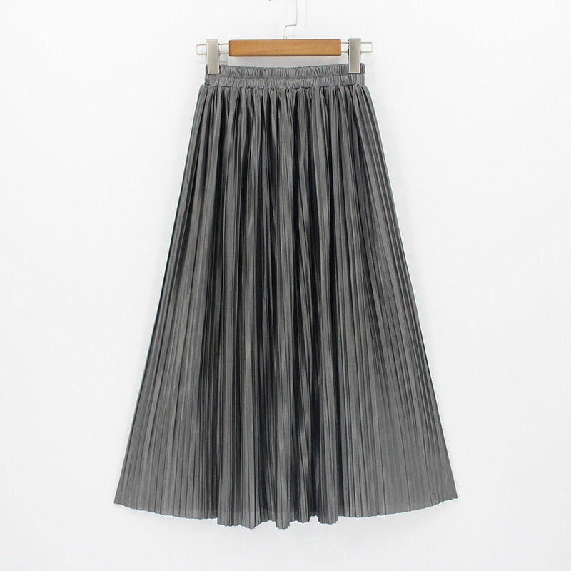 Satin Loose Pleated Solid Color High Waisted Maxi Skirt