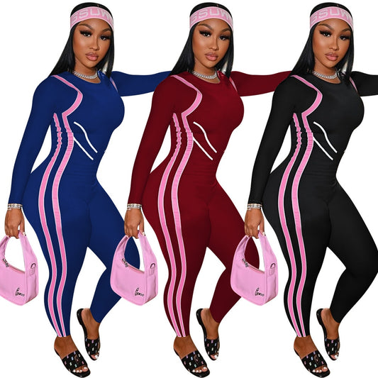 Striped Print Fitness Skinny O-Neck Long Sleeve Jumpsuit