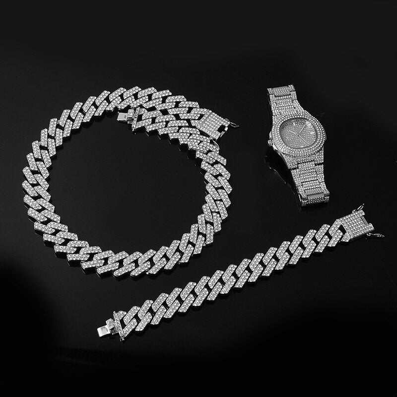 Hip-Hop Iced Rhinestone Prong Cuban Chain CZ Bling Chain + Bracelet + Watch 2-Piece & 3-Piece Jewelry Sets