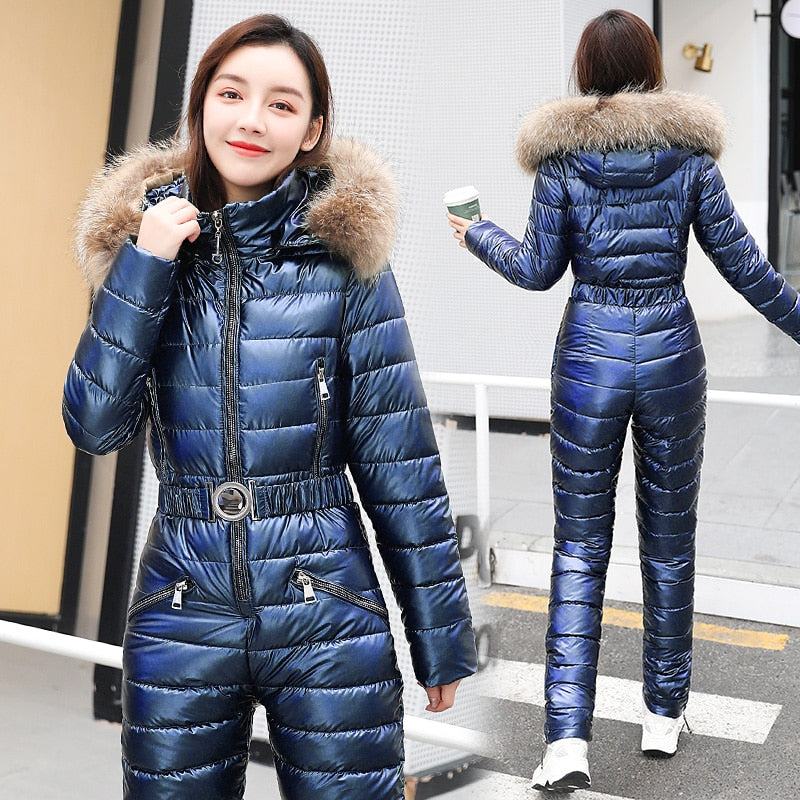 Fur Hood Quilted Solid Color Ladies Ski Snowsuit