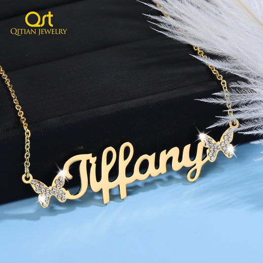 Personalized Crystal Butterfly Customized First Name Pendant Gold Chain  Necklace