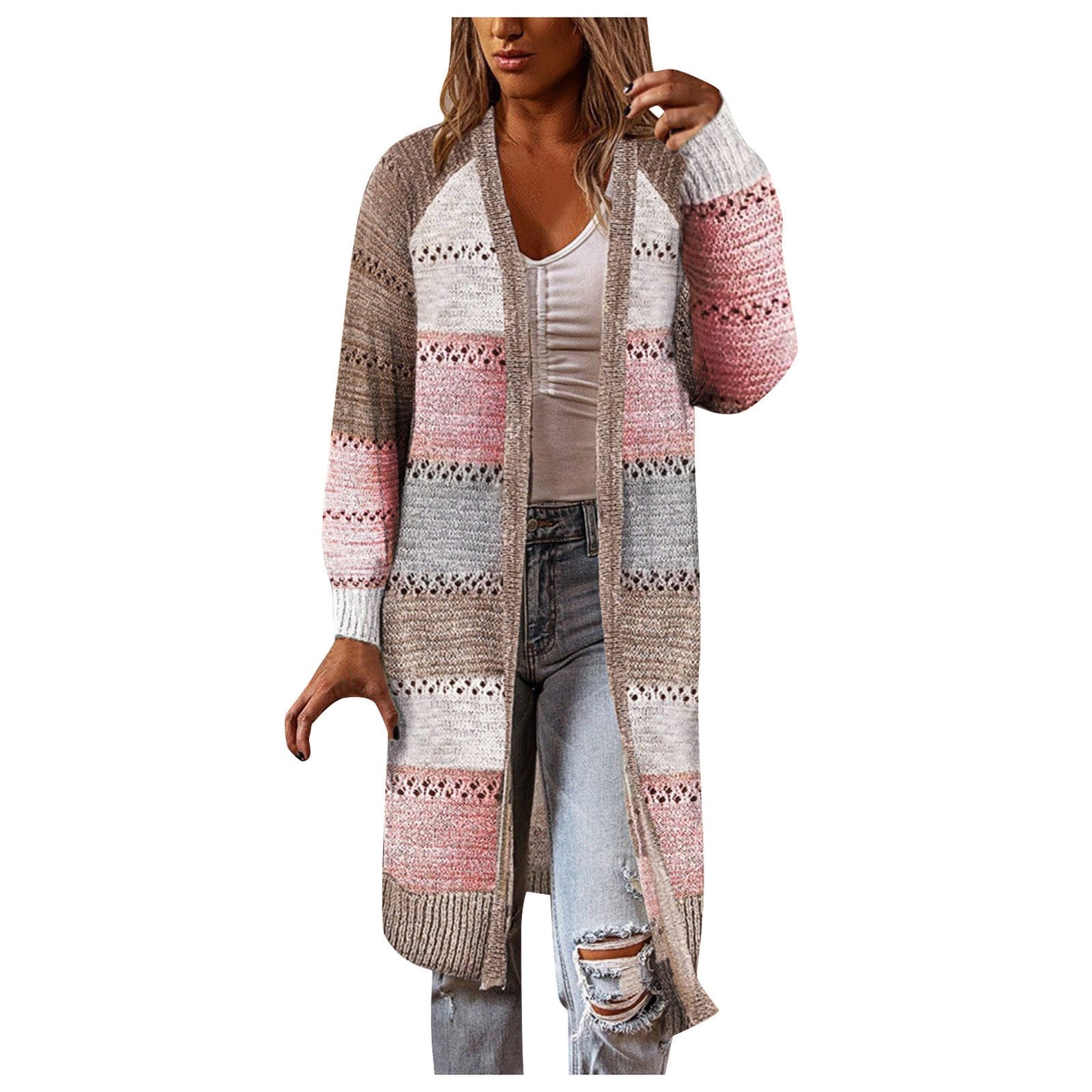 Colorblock Striped Ladies Long Sleeve Patchwork Maxi Cardigan Sweater