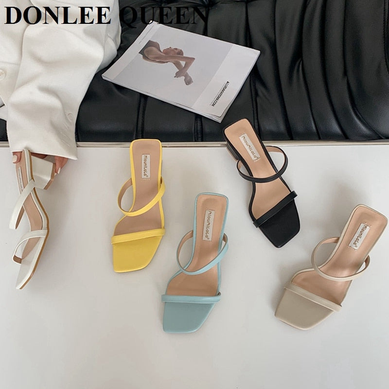 Low Heel Peep Toe Square Heel Slipper Sandals