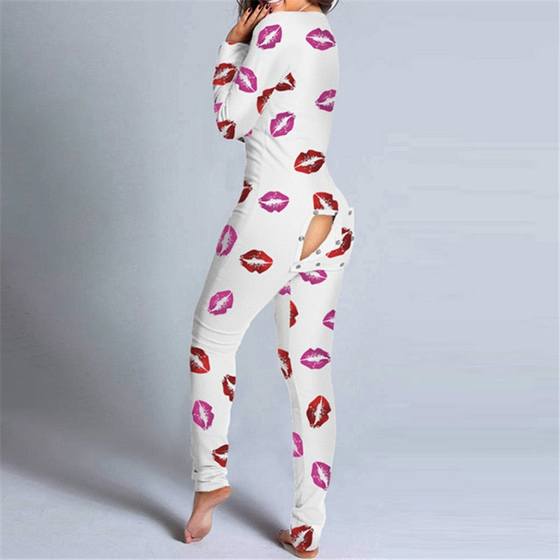 Button-Down Front V-Neck Long Sleeve Ladies Pajamas Onesie