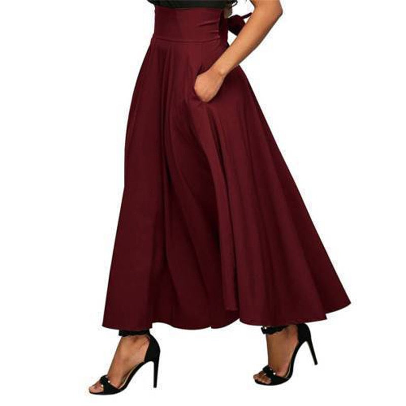 Ruffle A-Line Flared Pleated Maxi Skirt w/ Pockets