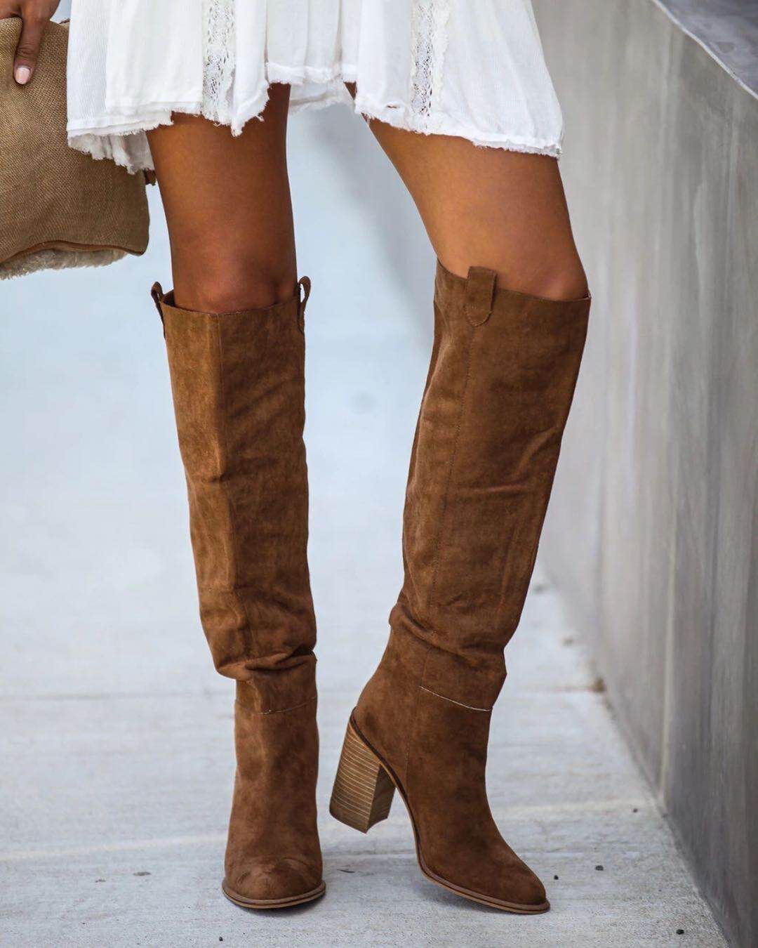 Suede Ladies Solid Pointed Toe Square Heel Knee High Boots