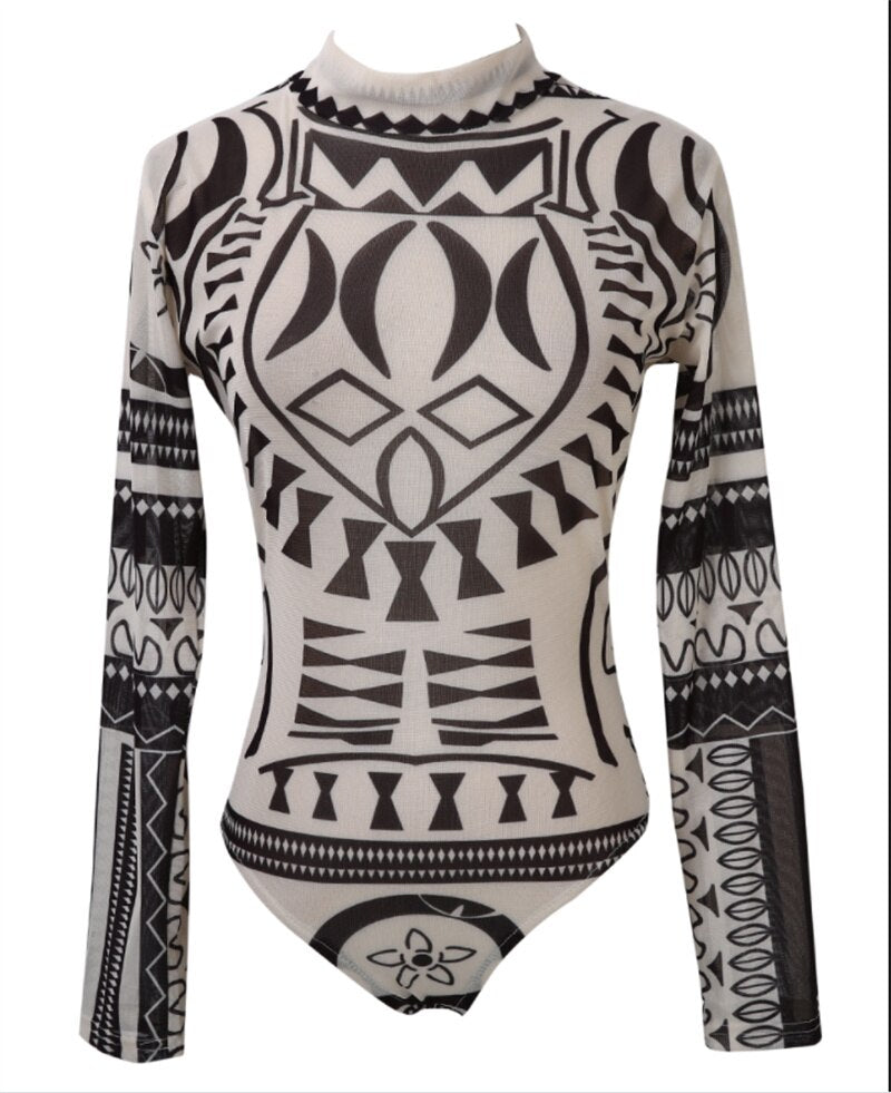 Mesh Transparent Geometric Long Sleeve Printed Bodycon Women's Bodysuit Romper